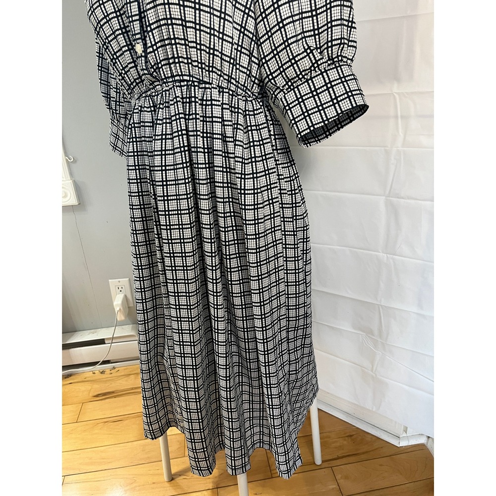 Korean Vintage Style Grid Print Midi Dress Crochet Lace Collar Black White Posh - Picture 3 of 14